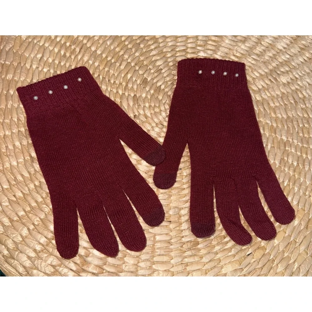 Burgundy Pearl Embellished  Gloves Knit Winter one‎ size